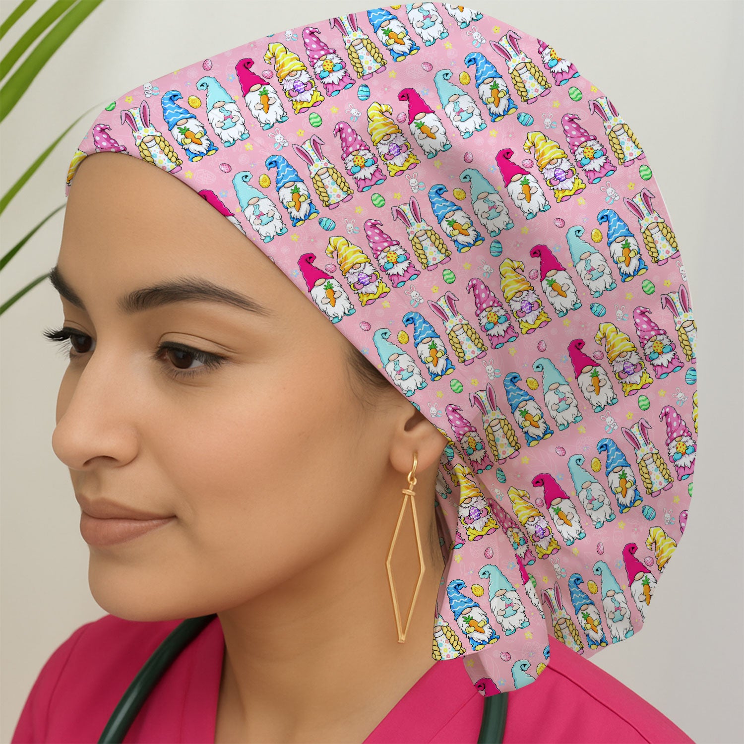 Colorful Easter Gnome Bunny Eggs Pattern Cap, Bouffant Scrub Caps for Women