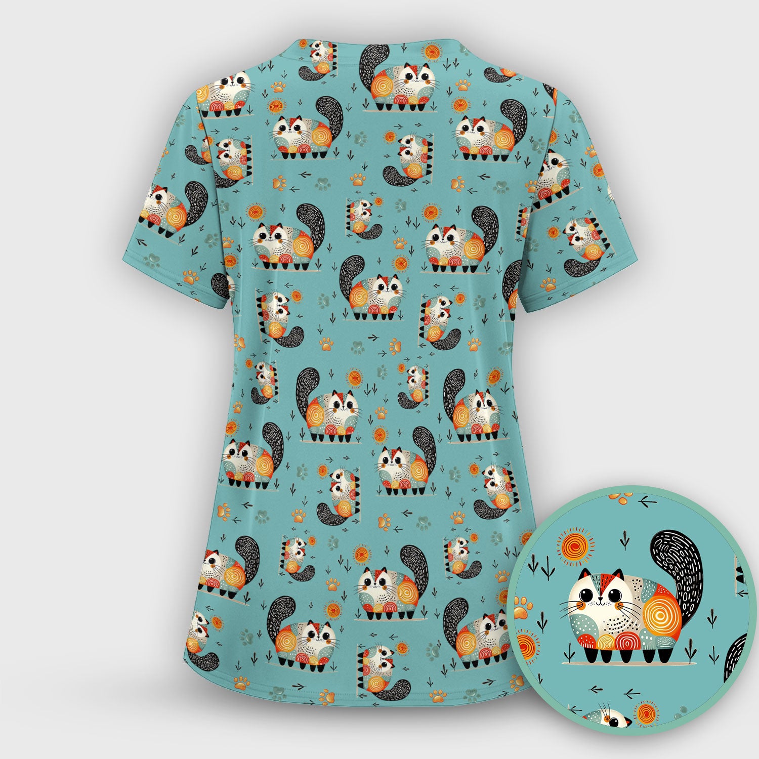 Playful Cat Illustration Nurse Scrub Top, Comfortable Scrubs for Nurses