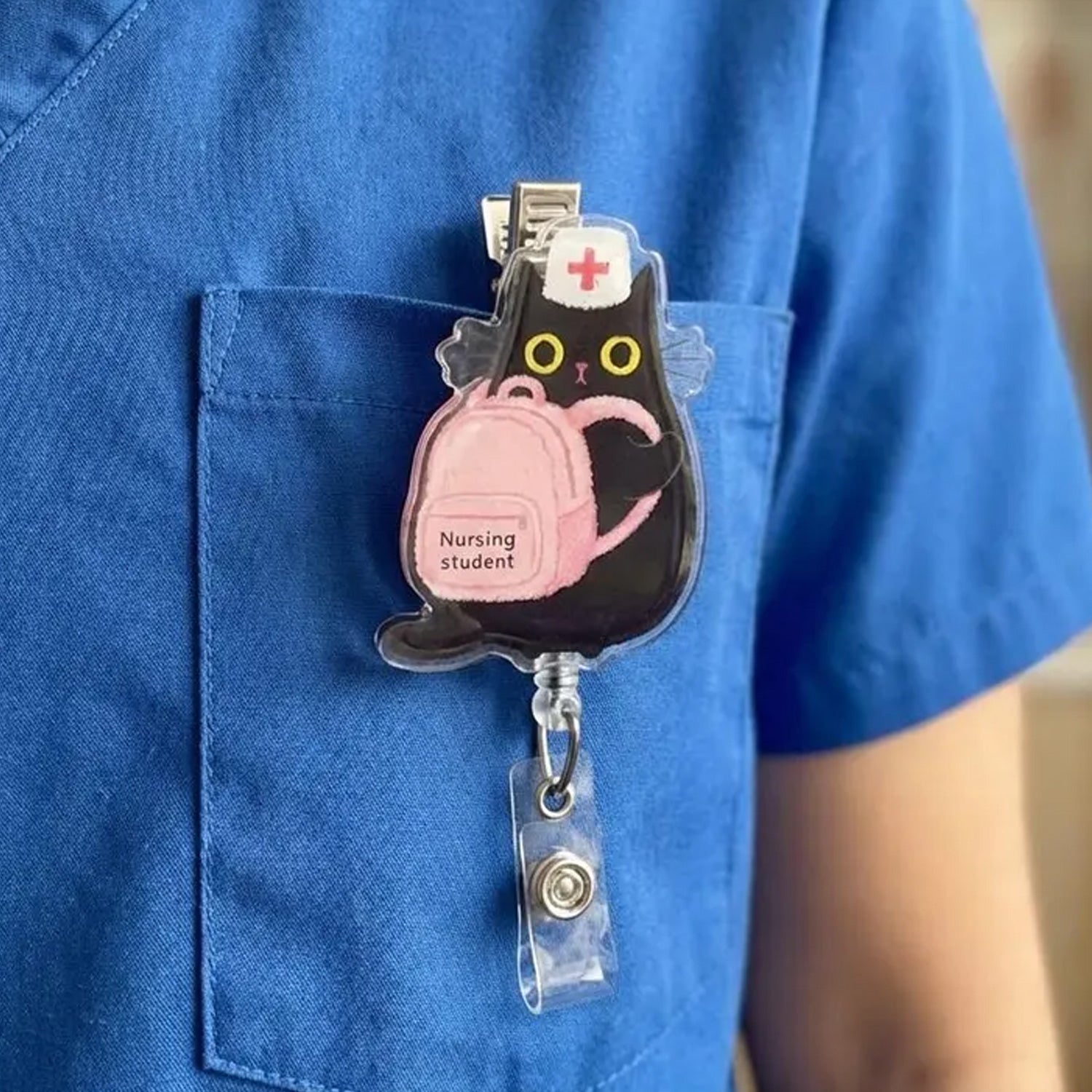 Cute Nursing Student Cat Badge Reel for Nurses & Doctors, Funny Black Cat ID Holder Clip