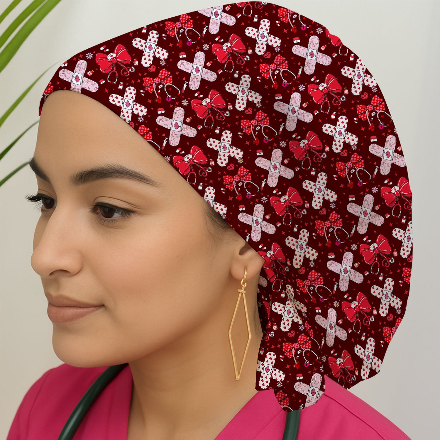 Valentine Nurse Scrub Cap, Red Bow And Heart Bandage Pattern Medical Hat, Breathable Fabrics Nursing Uniform