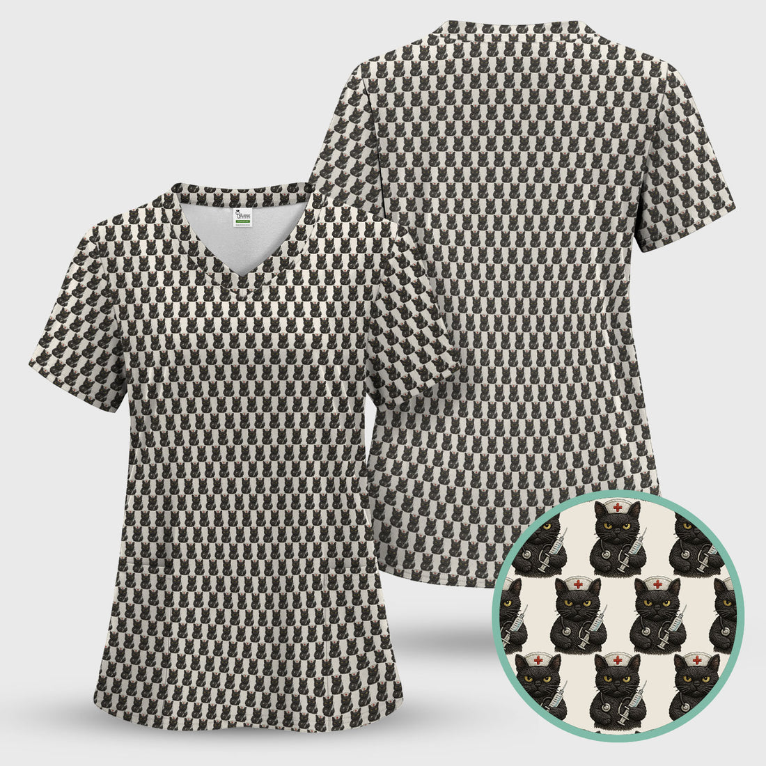 Funny Black Cat Nurse Scrub Top - Cute Cat Print Medical Design - Gift for RN LPN CNA Nursing Staff