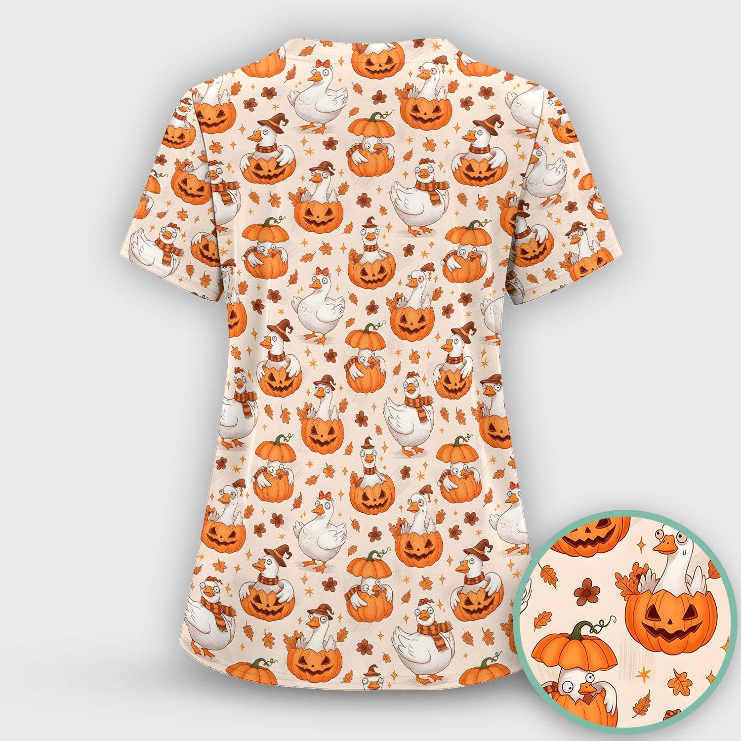 Cute Halloween Goose And Pumpkins Scrub Top, Comfortable Scrubs for Nurses