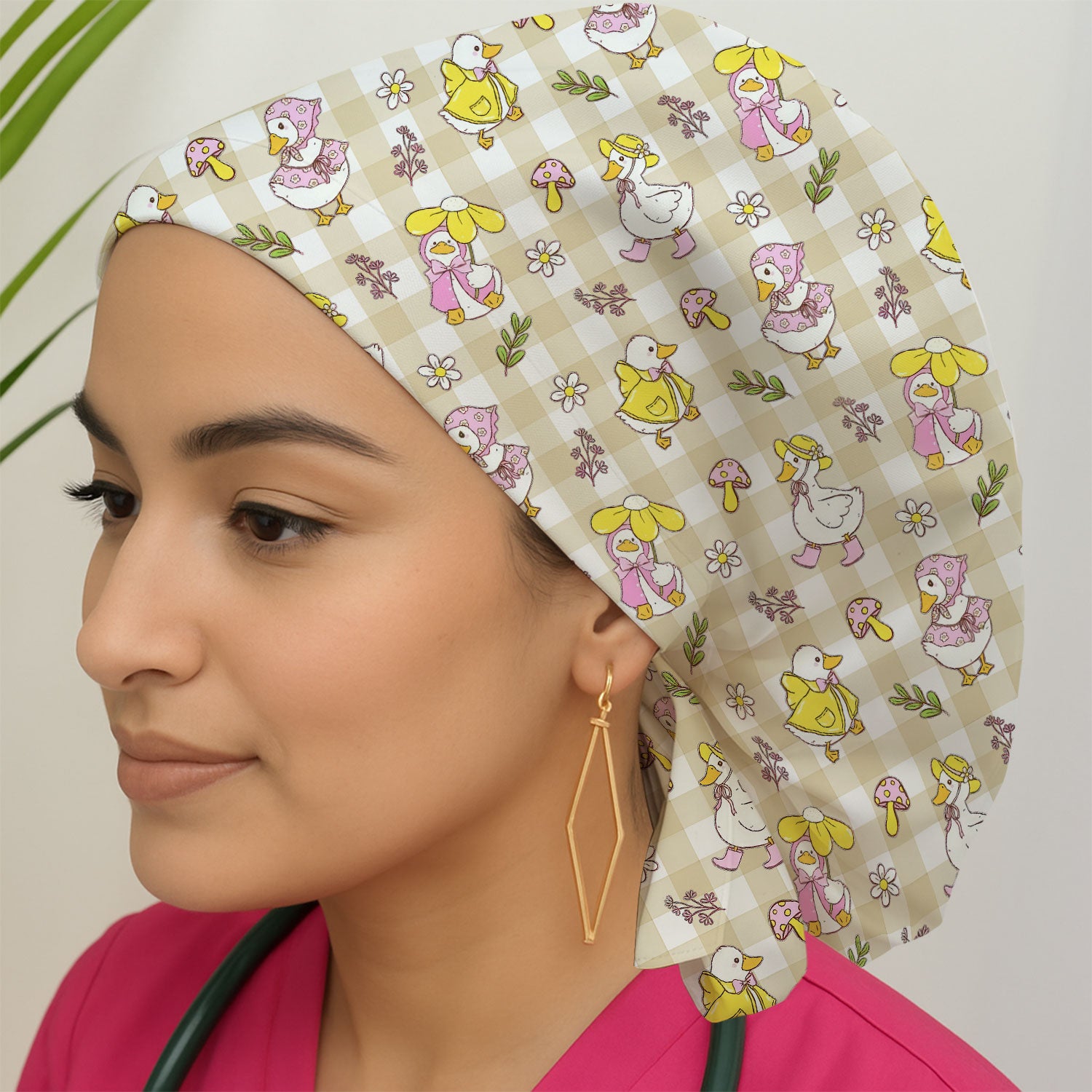 Cute Duck Outfit Gingham Pattern Scrub Cap, Bouffant Scrub Caps for Women