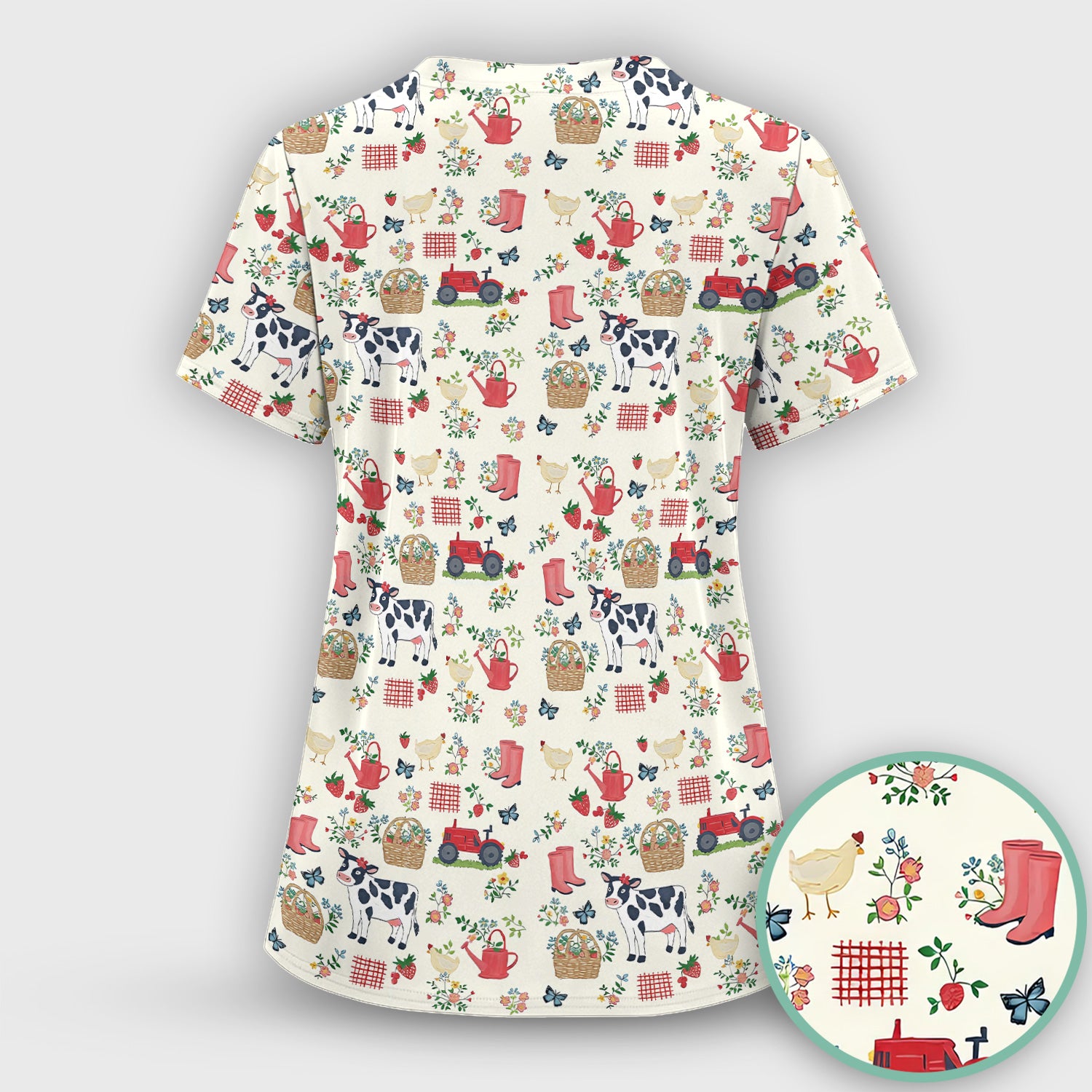Cute Cow Chicken Farm Pattern Scrub Top, Breathable Fabrics Nursing Uniform