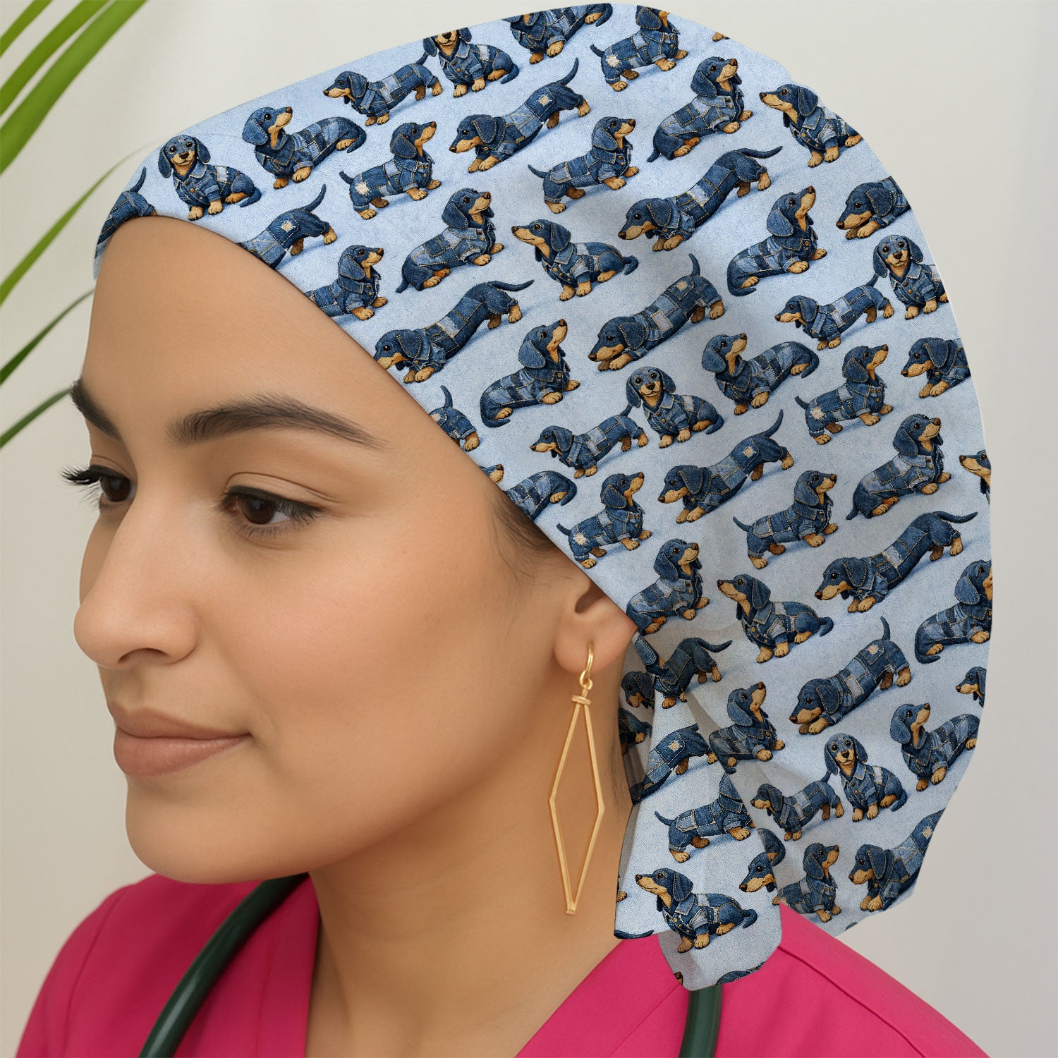 Denim Dachshund Dog Pattern Scrub Cap, Breathable Fabrics Caps Uniform