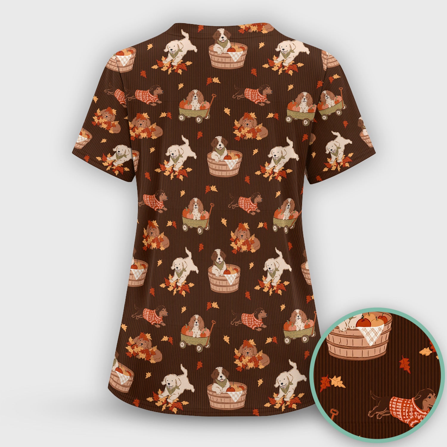 Cute Autumn Dogs And Falling Leaves Scrub Set, Scrub Pants and V Neck Top