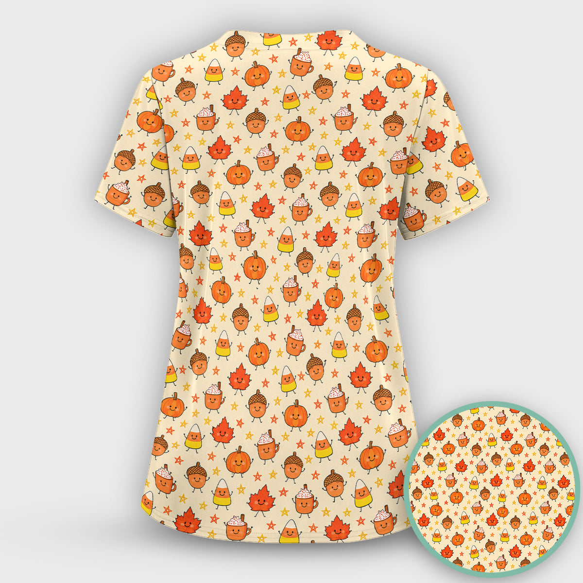 Cute Fall Pumpkin Spice Doodles Scrub Set, Scrub Pants and V Neck Top