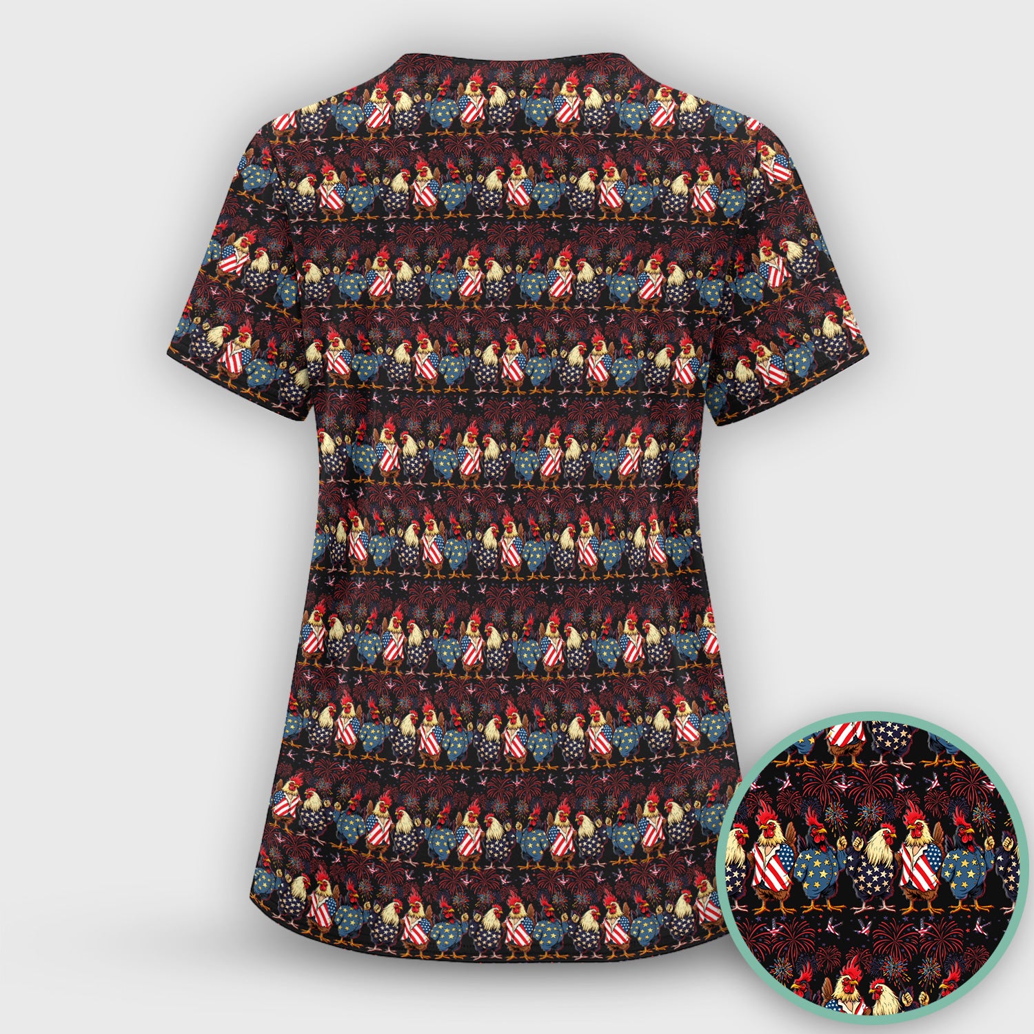 Patriotic Rooster Fireworks Pattern Scrub Set, Scrub Pants and V Neck Top