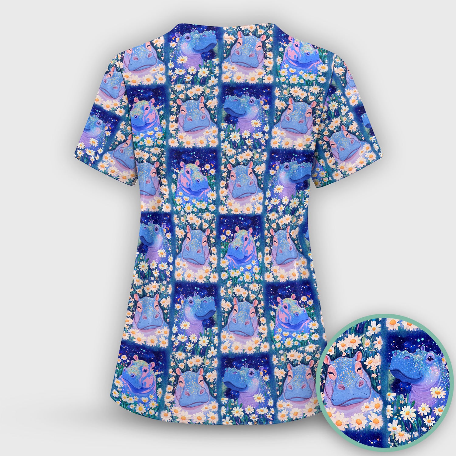 Cute Hippo Daisy Floral Patchwork Scrub Set, Scrub Pants and V Neck Top