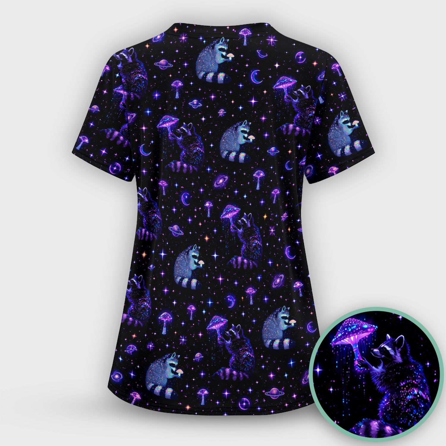 Cute Raccoon Mushroom Galaxy Pattern Scrub Top, Comfortable Scrubs for Nurses