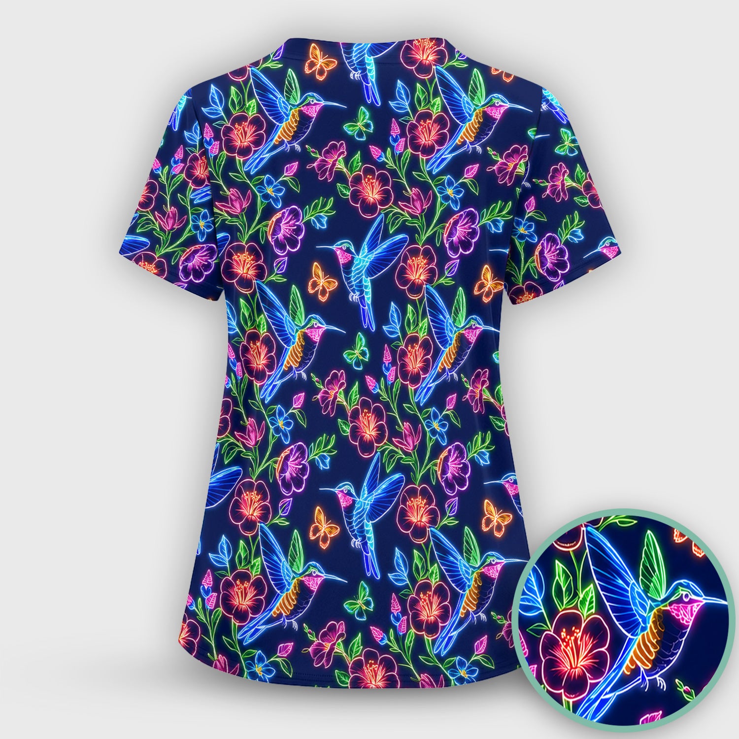 Neon Hummingbird Floral Garden Pattern Scrub Set, Scrub Pants and V Neck Top