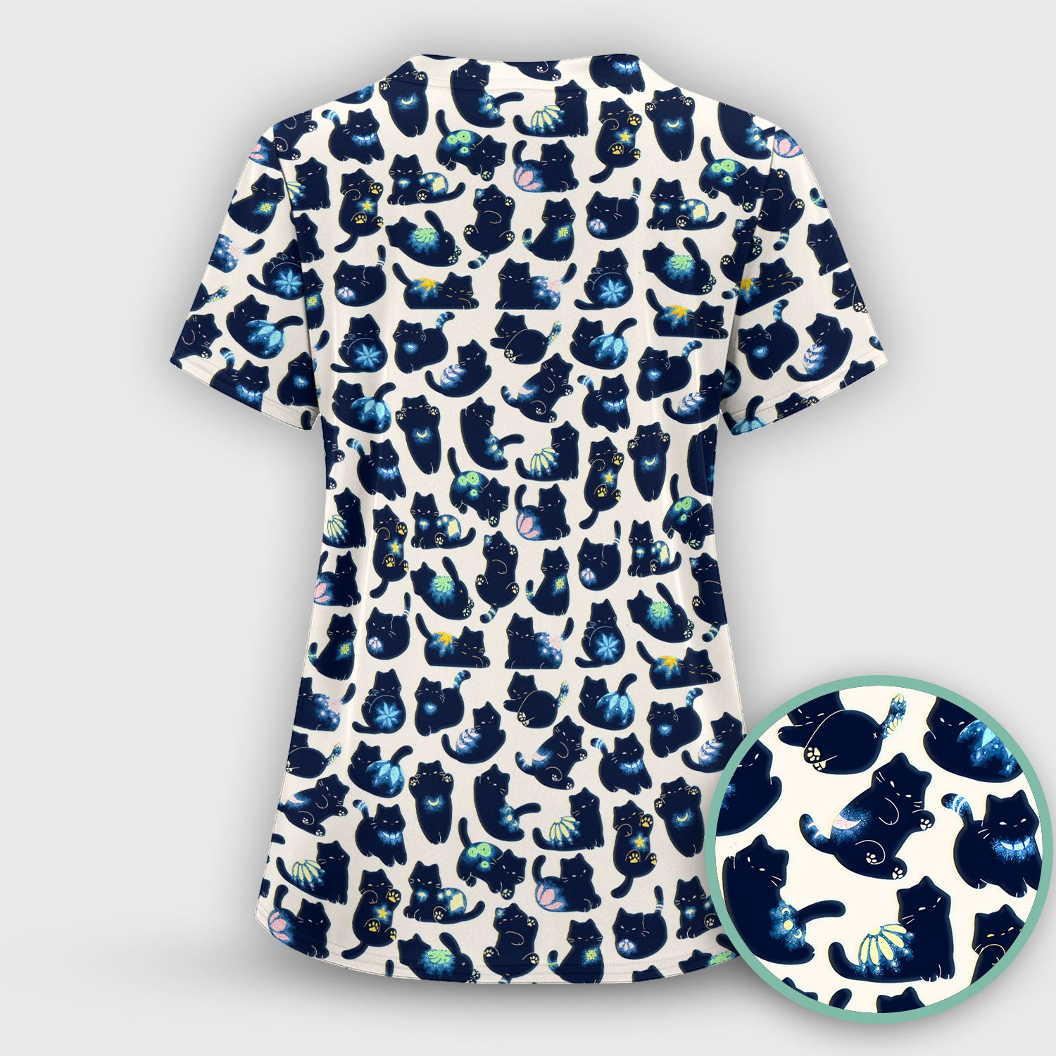 Midnight Cat Scrub Top, Black Cat Pattern Nurse Shirt, Breathable Fabrics Nursing Uniform