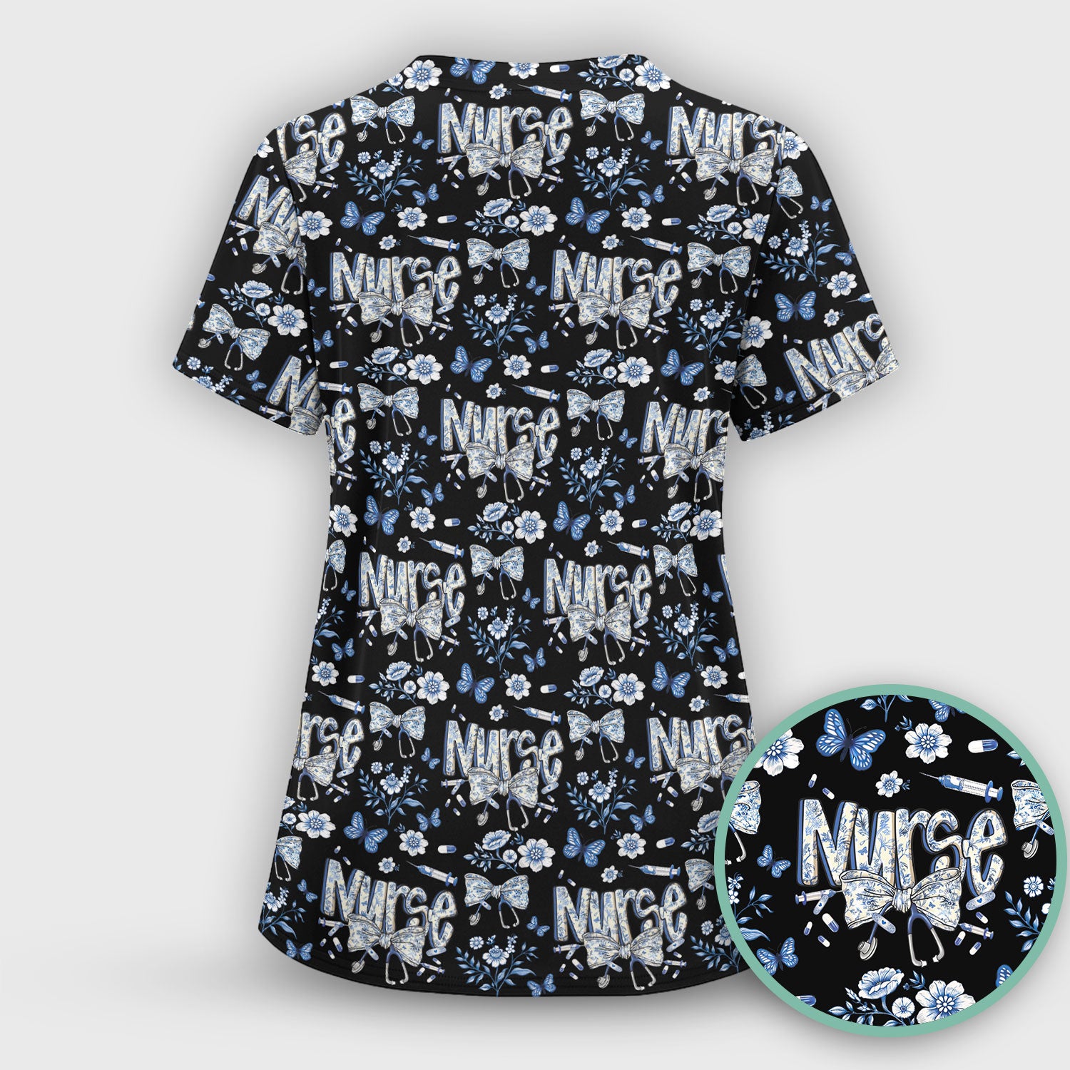 Blue Nurse Letter Bow Butterfly Floral Print Scrub Top, Comfortable Scrubs for Nurses