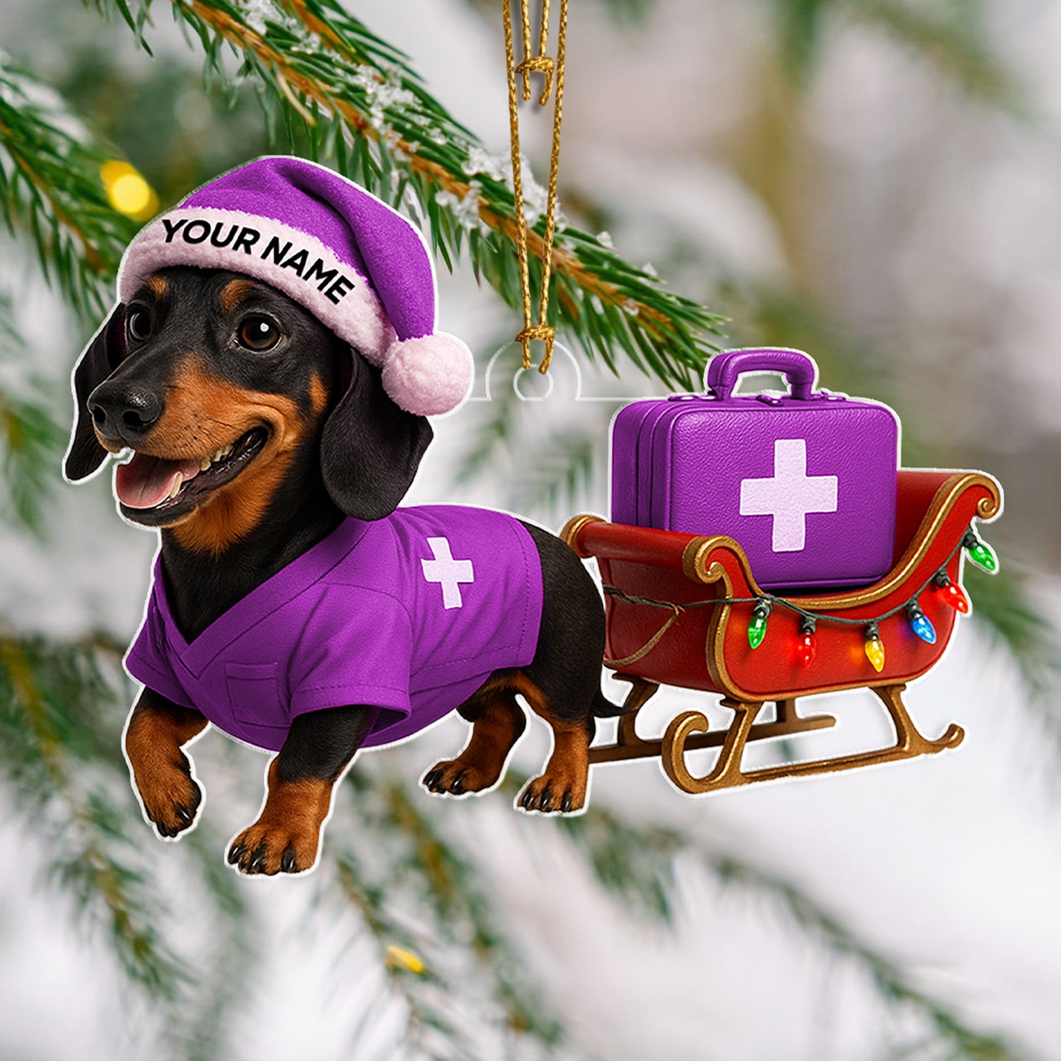 Personalized Nurse Dachshund Christmas Ornament, Custom Name Wiener Dog Ornament With Medical Sleigh, Funny Holiday Gift for Dog Lovers