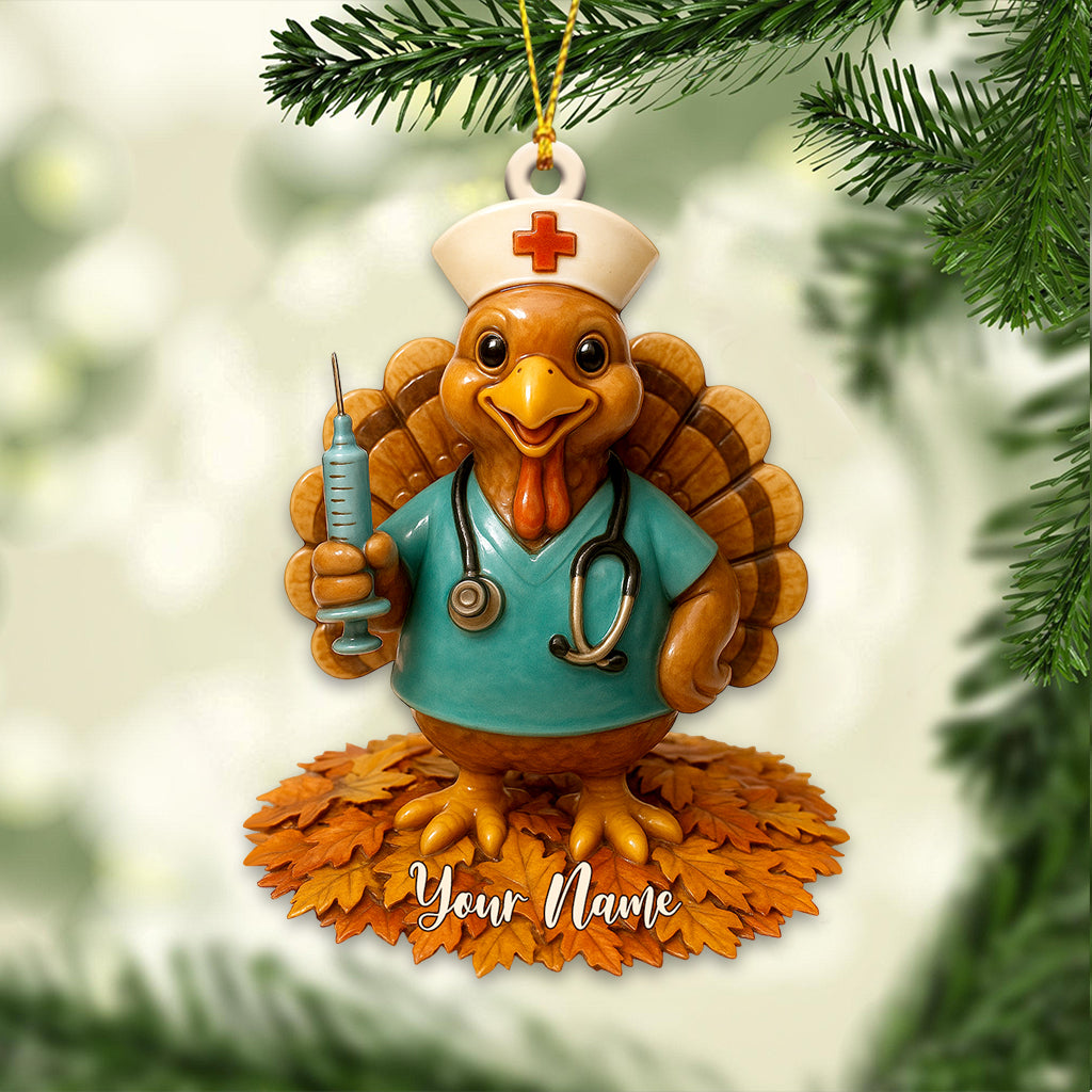 Personalized Nurse Turkey Christmas Ornament – Custom Name Funny Healthcare Decor, Cute Medical Scrub Gift for Nurses & Thanksgiving Humor