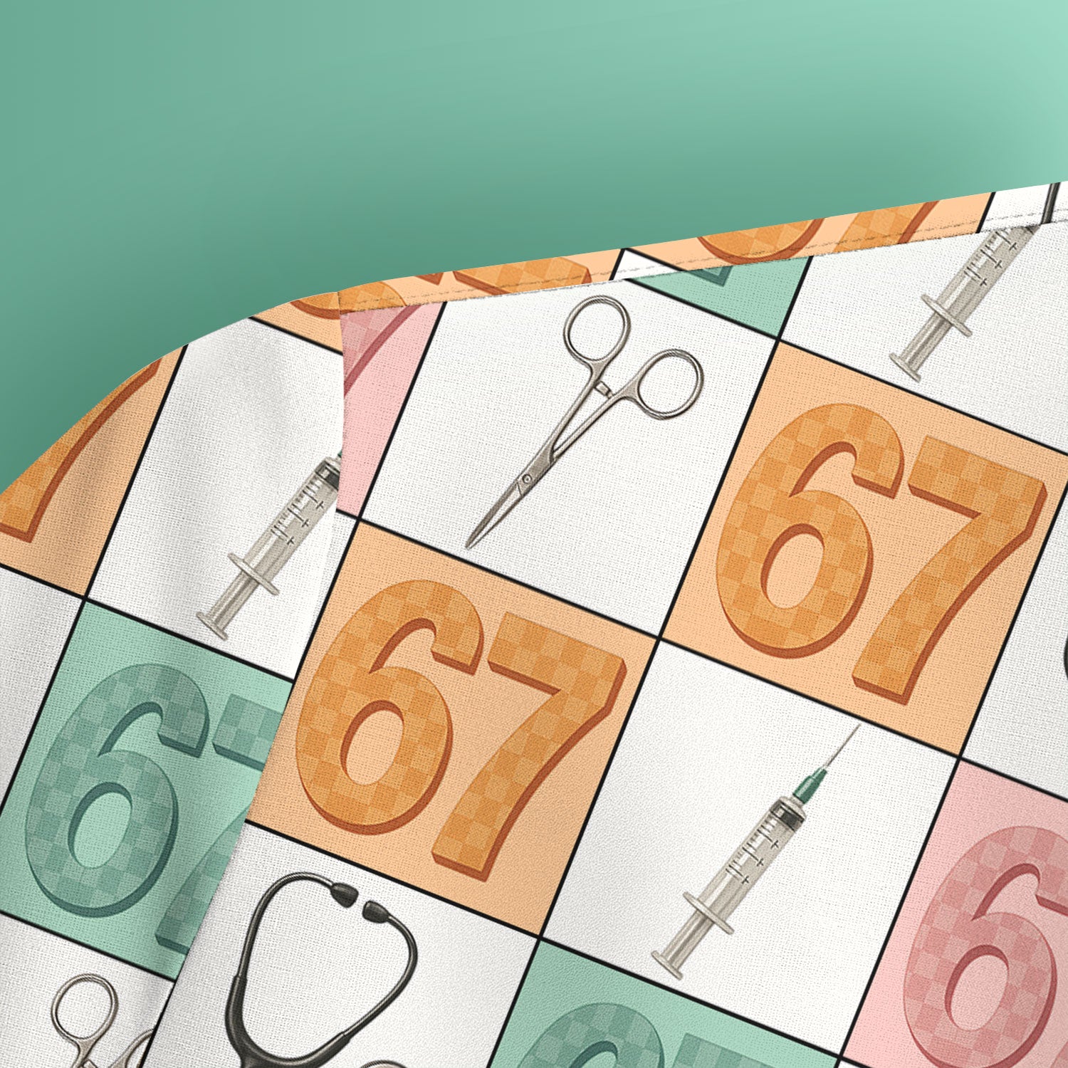 67 Nurse Patchwork Scrub Top, Colorful Medical Tools Pattern Uniform Shirt For Nursing