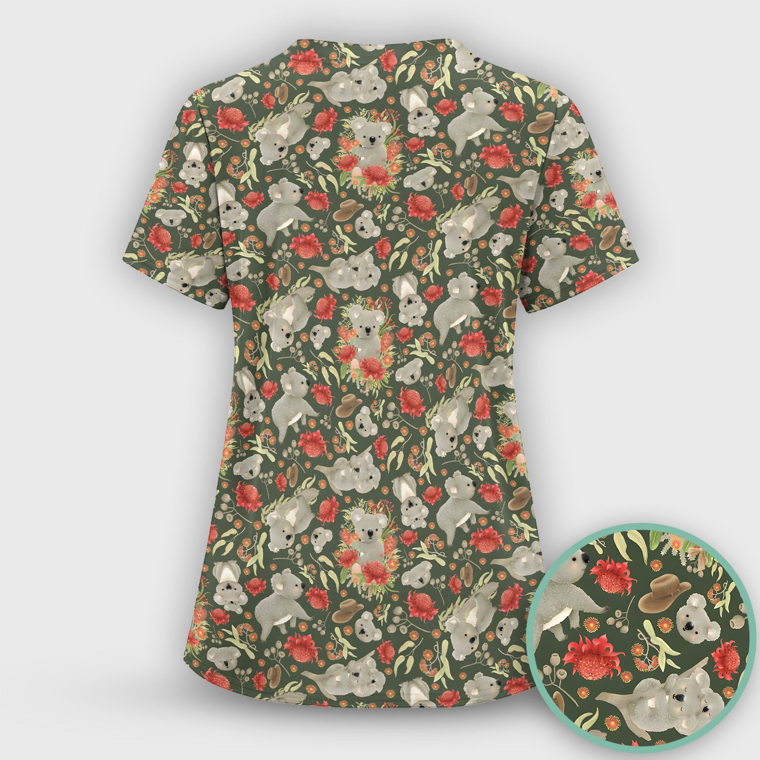 Cute Koala Wildflower Pattern Scrub Set, Scrub Pants and V Neck Top