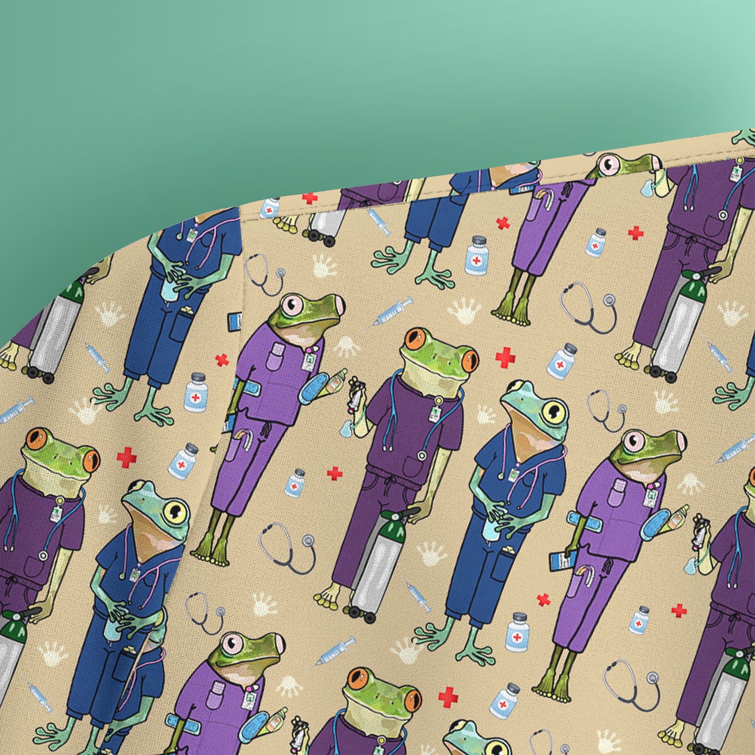 Funny Frog Nurse Pattern Scrub Top, Breathable Healthcare Uniform Top