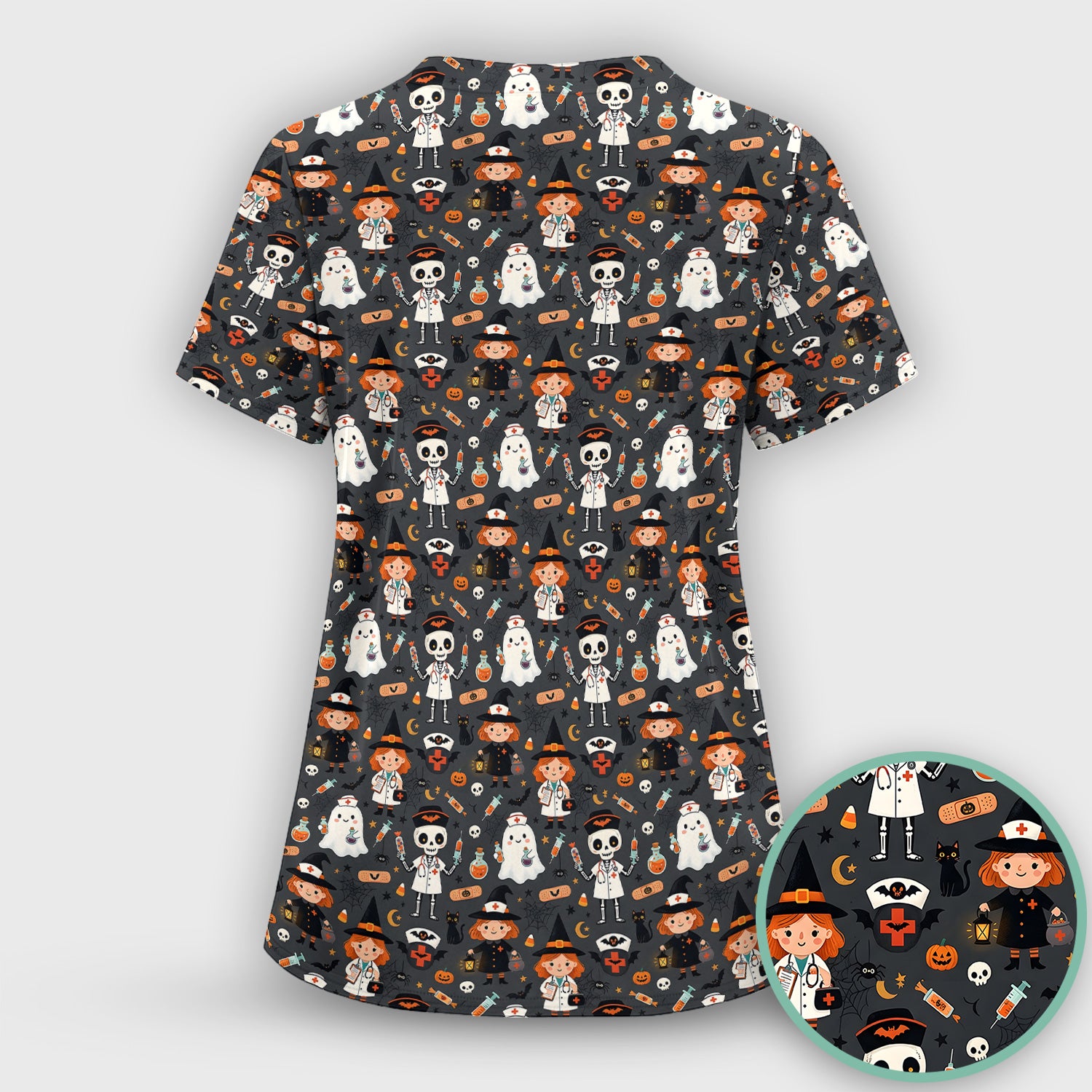 Halloween Witch And Skeleton Nurse Scrub Set, Scrub Pants and V Neck Top