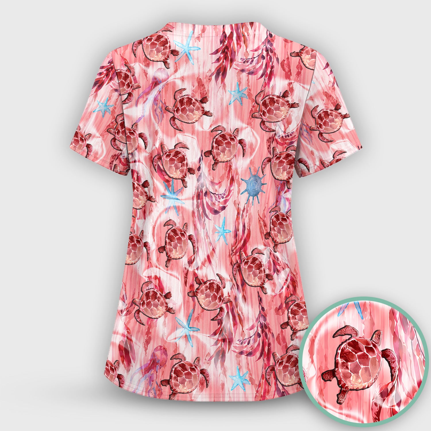 Pink Sea Turtle Ocean Pattern Scrub Top, Comfortable Scrubs for Nurses