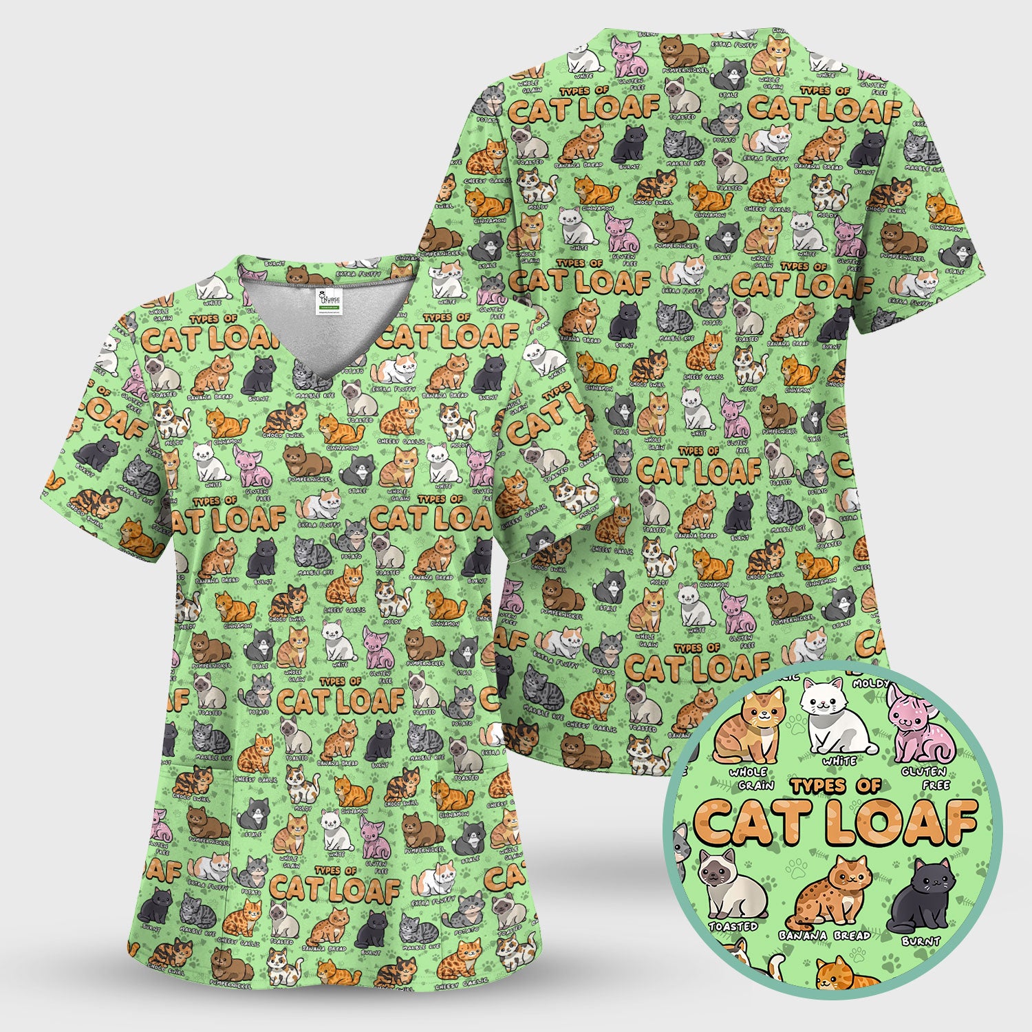 Funny Cat Loaf Nurse Scrub Top - Cute Cat Lover Medical Shirt for Women - Types of Cat Loaf RN LPN CNA Uniform Gift