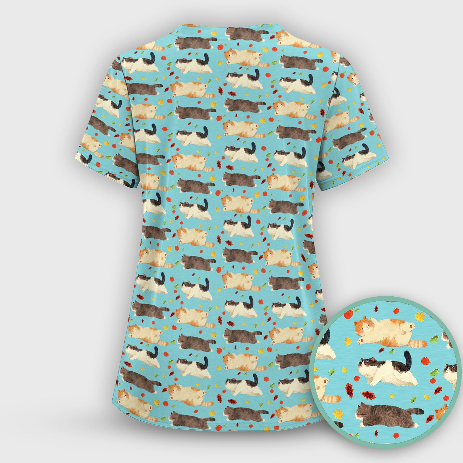 Chubby Cat Autumn Leaves Print Scrub Top, Breathable Fabrics Nursing Uniform