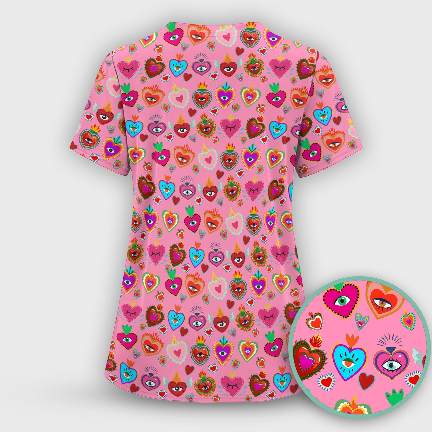 Valentine Colorful Sacred Heart Print Medical Scrub Top, Comfortable Scrubs for Nurses