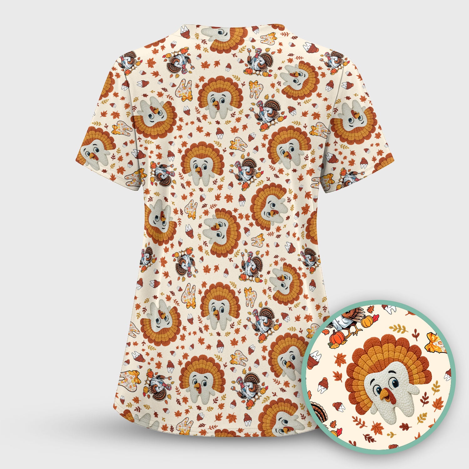 Funny Thanksgiving Tooth Scrub Top - Cute Turkey Dental Nurse Shirt - Fall Medical Uniform for Hygienists & Nurses