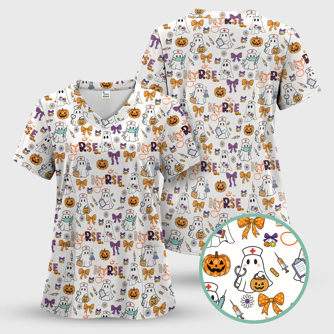 Spooky Nurse Scrub Top for Women - Halloween Pumpkin Medical Design - Gift for RN LPN CNA