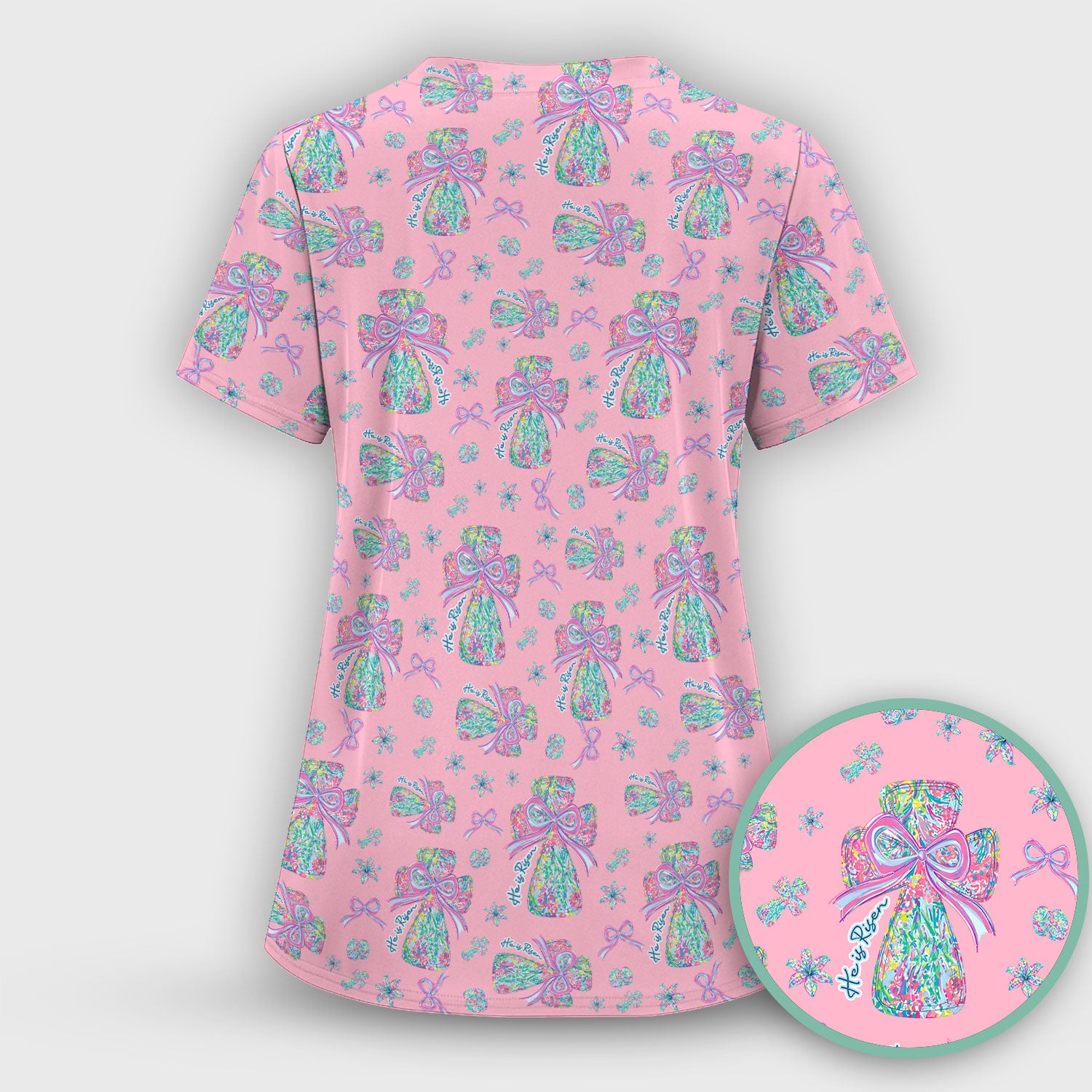 Colorful Bow Pattern Scrub Top, Breathable Fabrics Nursing Uniform