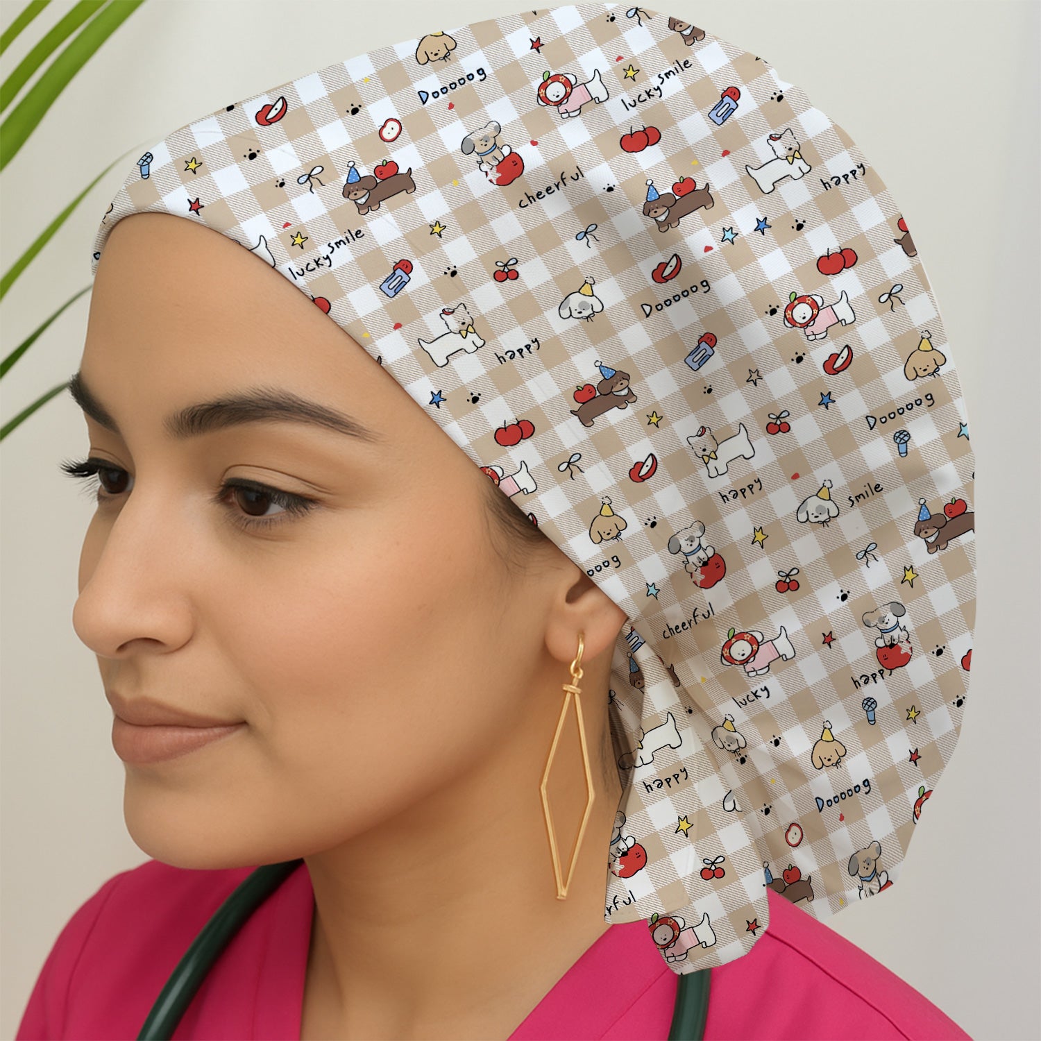 Cute Nurse Cartoon Puppy Apple Gingham Scrub Cap, Surgical Caps for Doctors