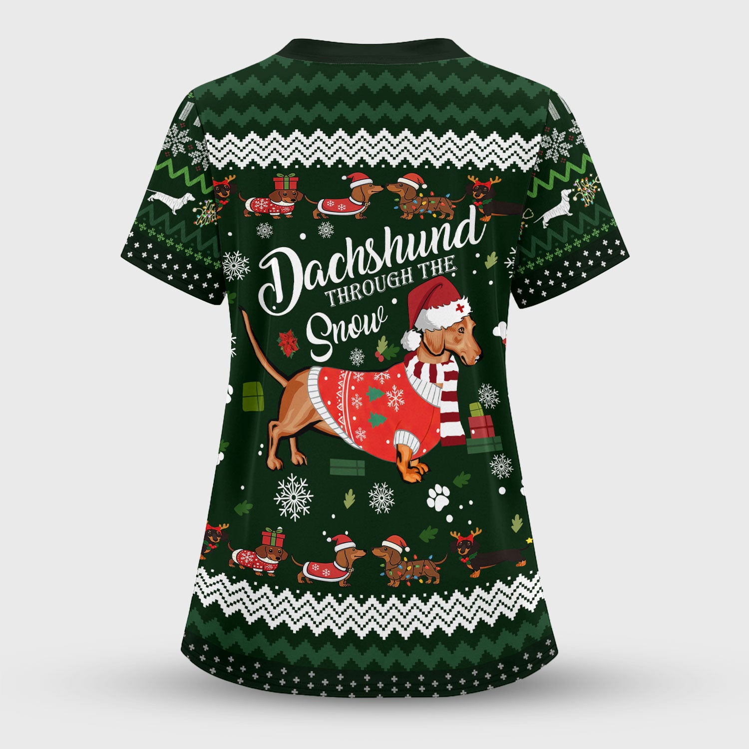 Dachshund Through the Snow - Funny Christmas Scrub Top - Wiener Dog Lover Gift - Holiday Medical Uniform