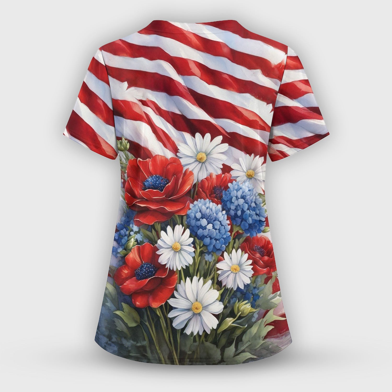 Festive US Flag Floral Bouquet Pattern Scrub Top, Comfortable Scrubs for Nurses