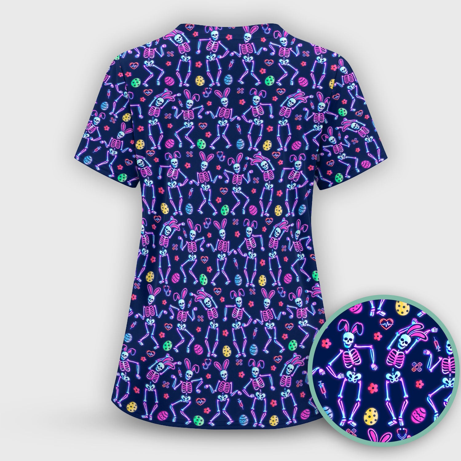 Neon Easter Skeleton Pattern Scrub Top, Comfortable Scrubs for Nurses