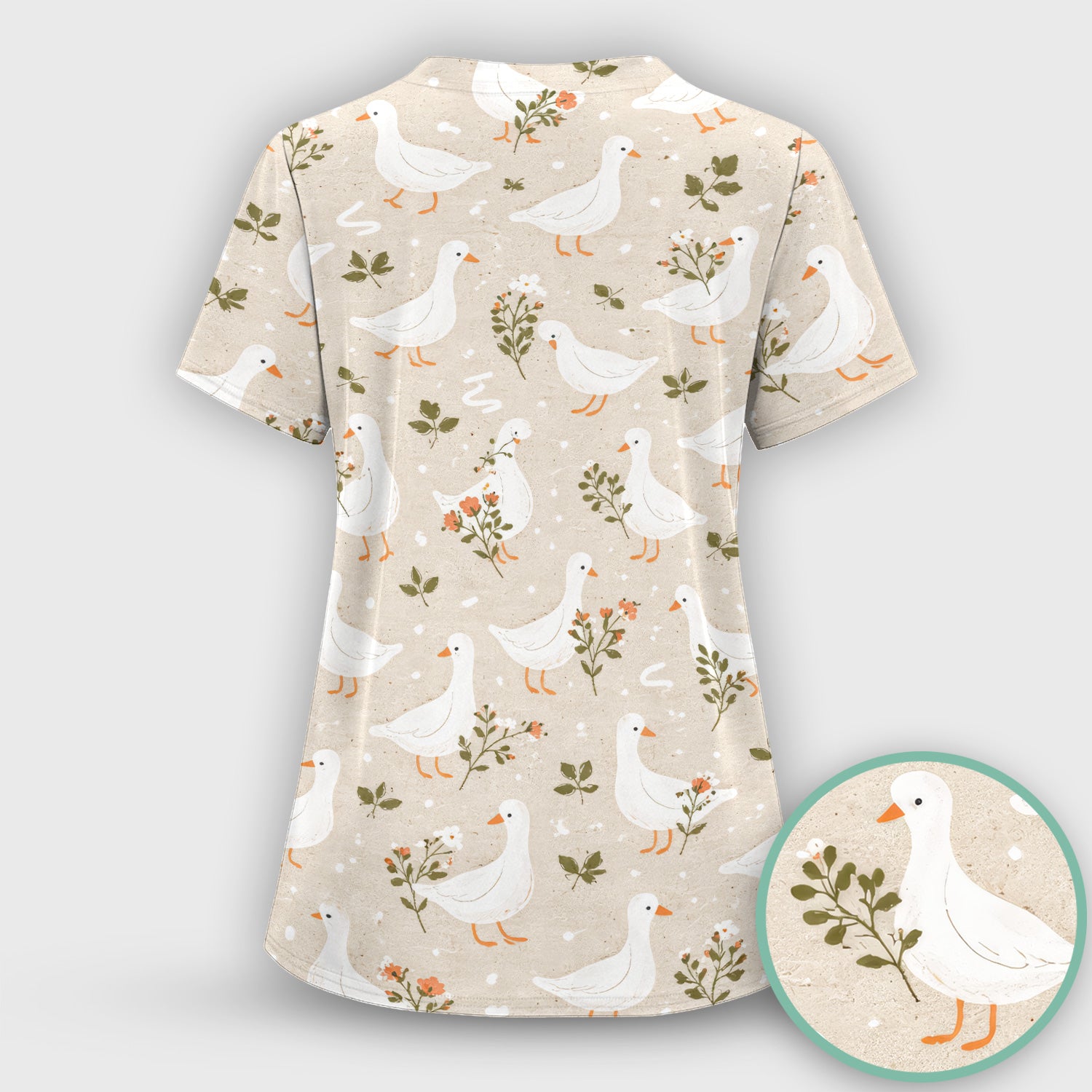 White Goose Floral Meadow Pattern Scrub Top, Comfortable Scrubs for Nurses