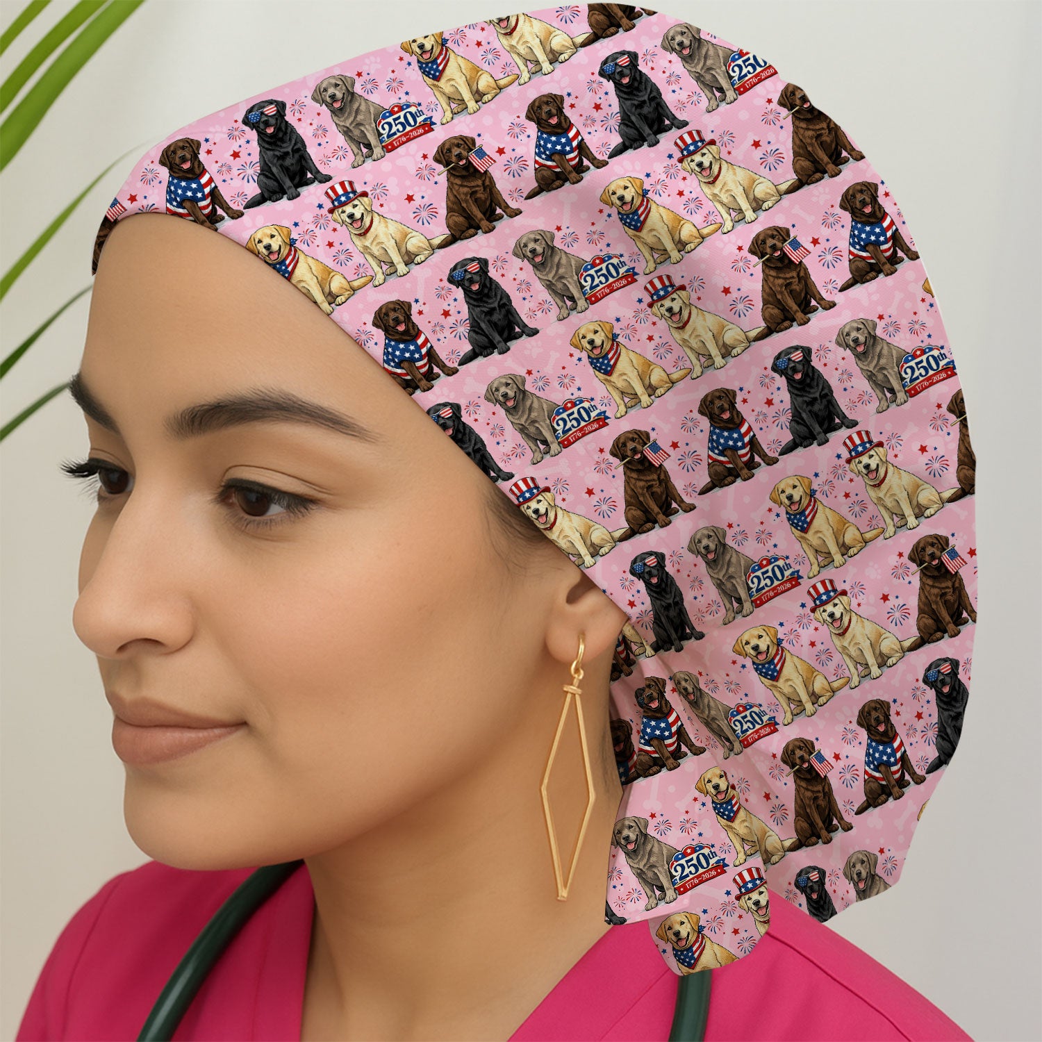 4th of July Labrador Dog Patriotic Print Cap, Bouffant Scrub Caps for Women