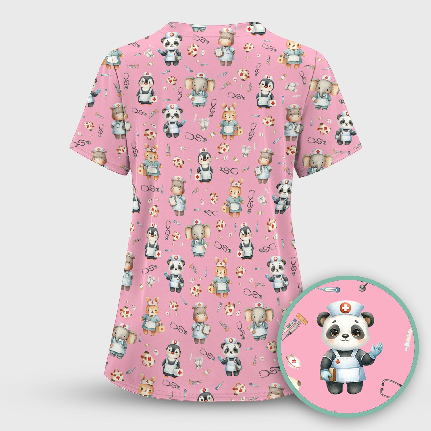 Cute Animal Scrub Top for Women - Panda Bunny Penguin Print Med Uniform - Comfortable Pastel Scrubs for Nurses