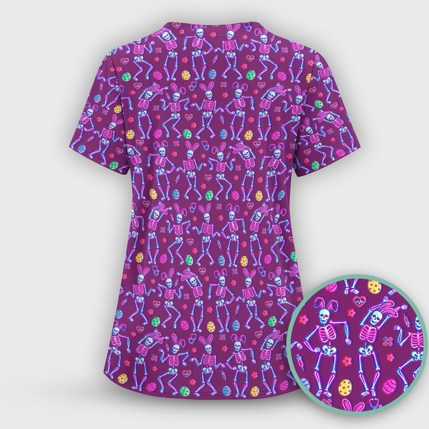 Neon Easter Skeleton Pattern Scrub Top, Comfortable Scrubs for Nurses