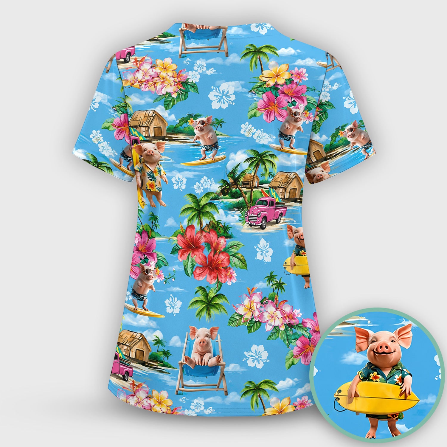 Tropical Surfing Pig Beach Pattern Scrub Set, Scrub Pants and V Neck Top