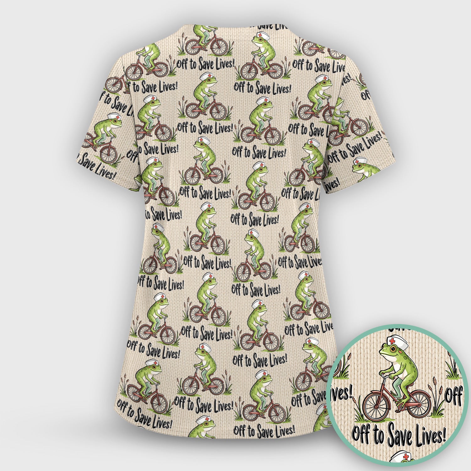 Nurse Frog Riding Bicycle Pattern Scrub Top, Breathable Fabrics Nursing Uniform Scrub Top, Comfortable Scrubs for Nurses