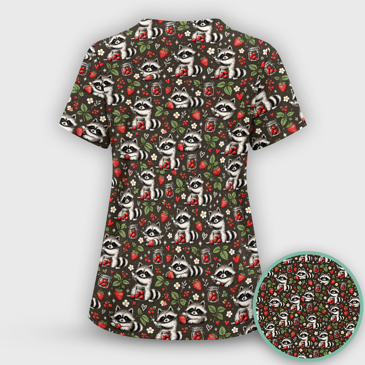 Cute Raccoons And Strawberries Pattern Scrub Top, Comfortable Scrubs for Nurses
