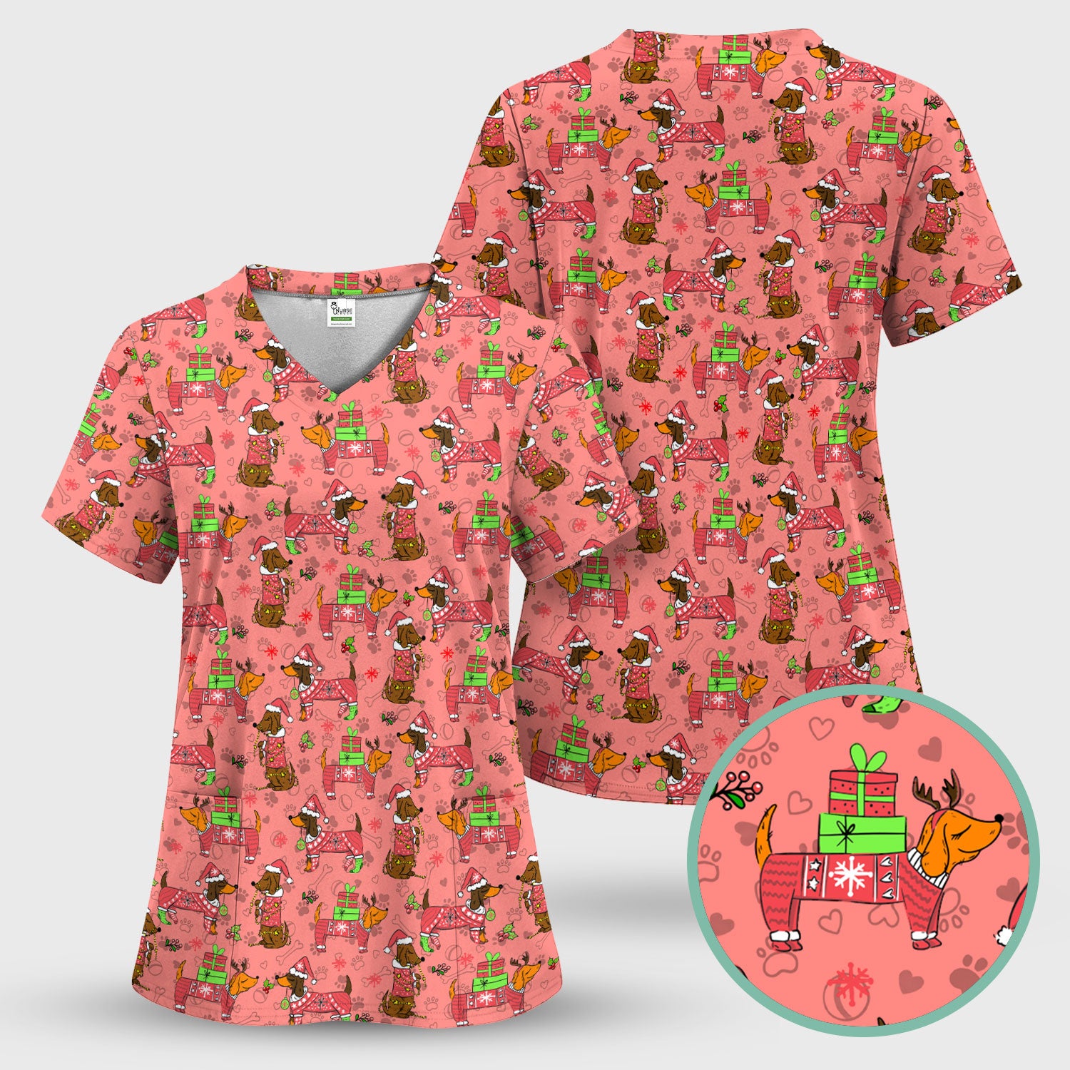 Holiday Dachshund Scrub Top for Nurses - Christmas Sausage Dog Santa with Paw Prints - Funny Medical Shirt RN LPN CNA Gift