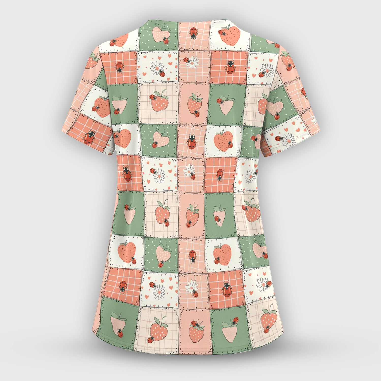 Strawberry Ladybug Patchwork Pattern Scrub Top, Comfortable Scrubs For Nurses