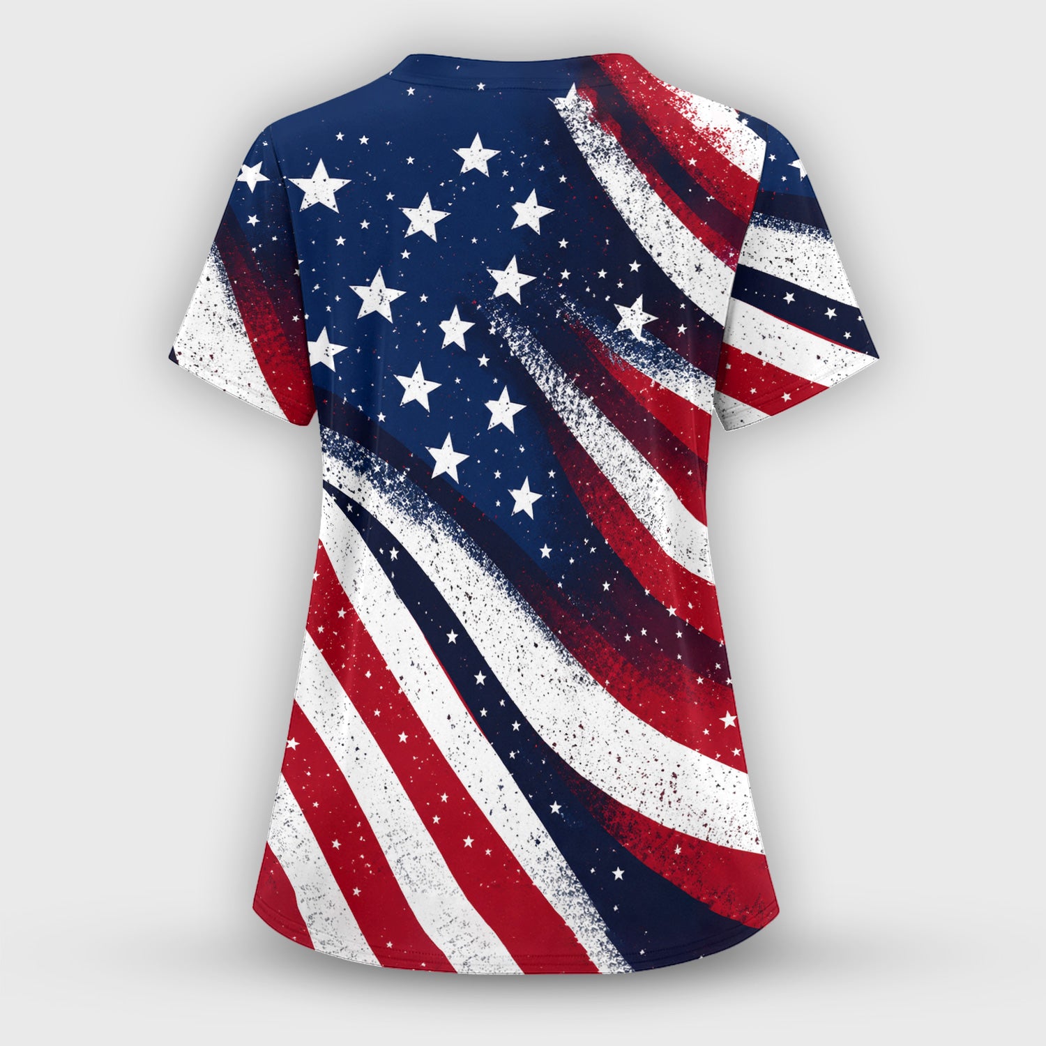 Festive American Flag Stars Pattern Scrub Set, Scrub Pants and V Neck Top