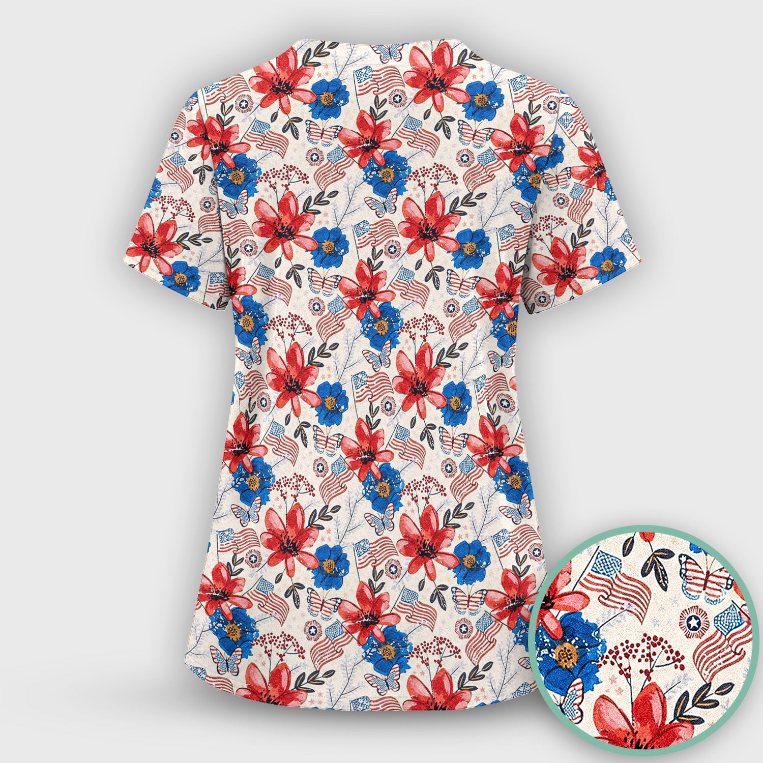 Patriotic Floral Flag Butterfly Pattern Scrub Set, Scrub Pants and V Neck Top