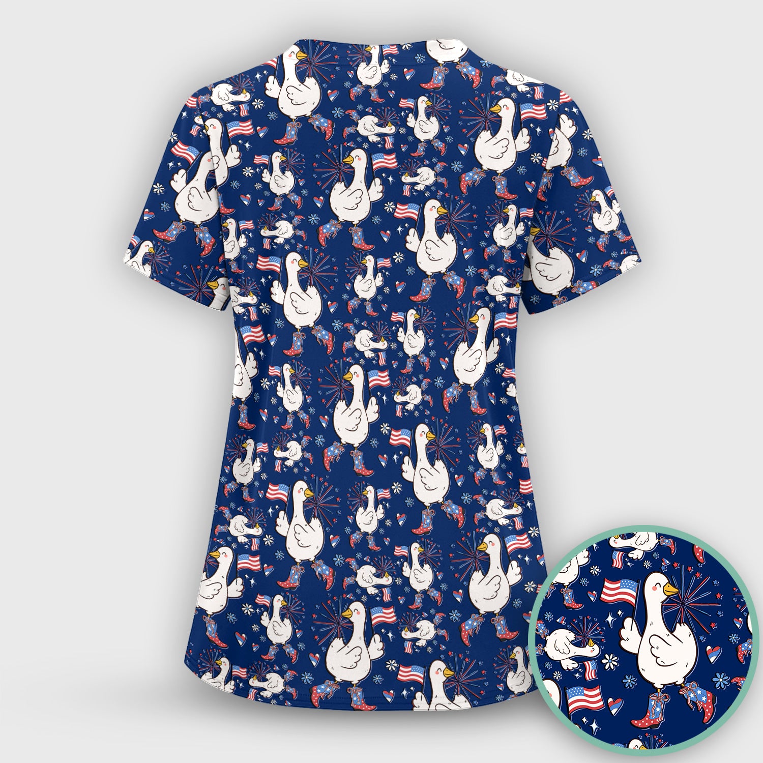 Patriotic Goose With USA Flag Fireworks Scrub Set, Breathable Fabrics Nursing Uniform