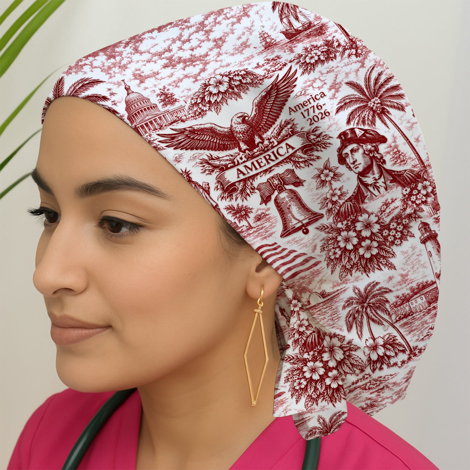 Patriotic America Heritage Toile Pattern Cap, Bouffant Scrub Caps for Women