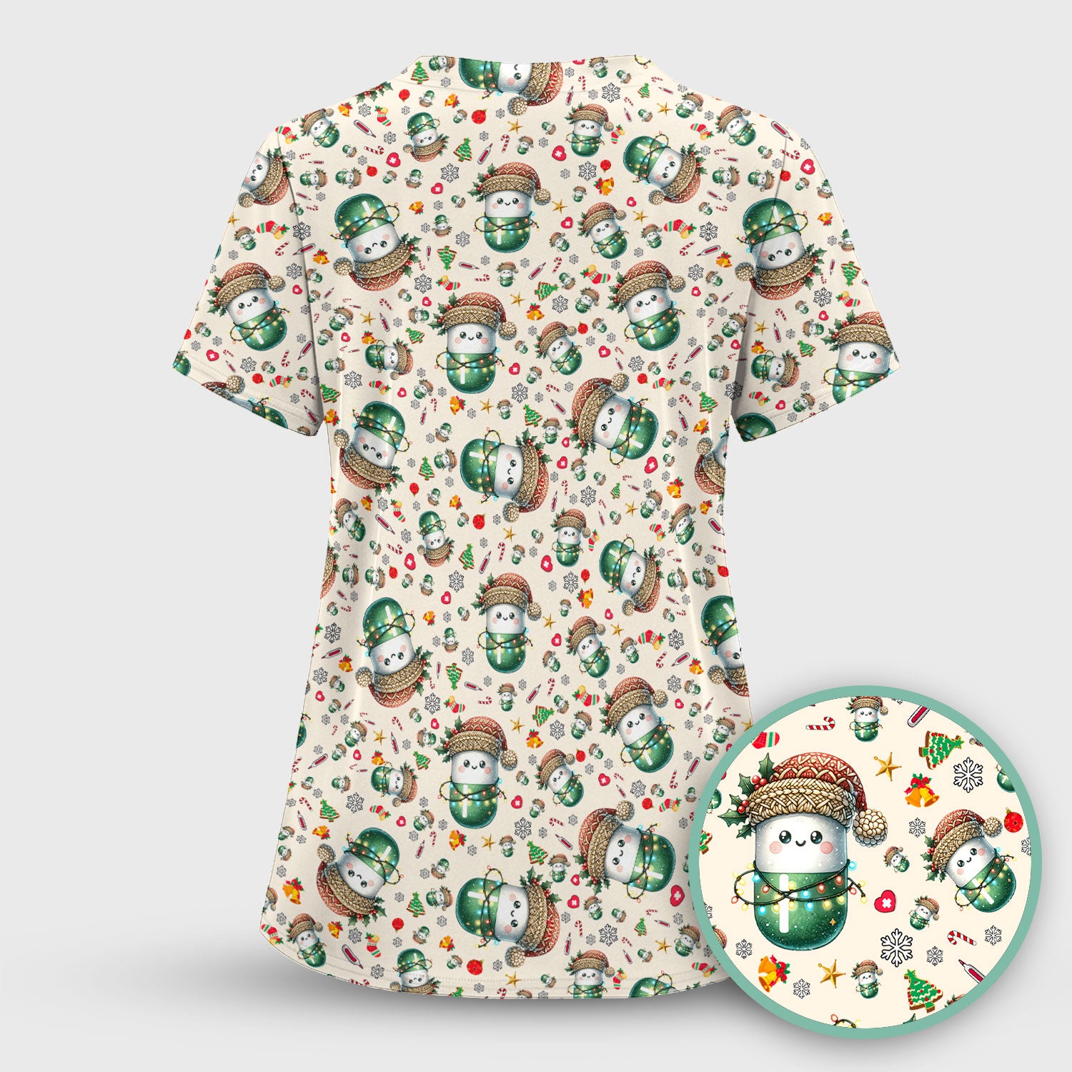 Pharmacy Tech Christmas Scrub Top – Cute Green Snowman Print Nurse Outfit – Funny Holiday Medical Uniform for Pharmacists