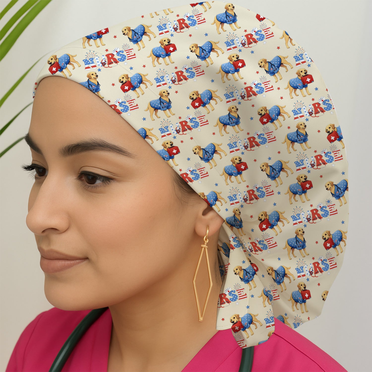Patriotic Nurse Dog Medical Pattern Cap, Bouffant Scrub Caps for Women