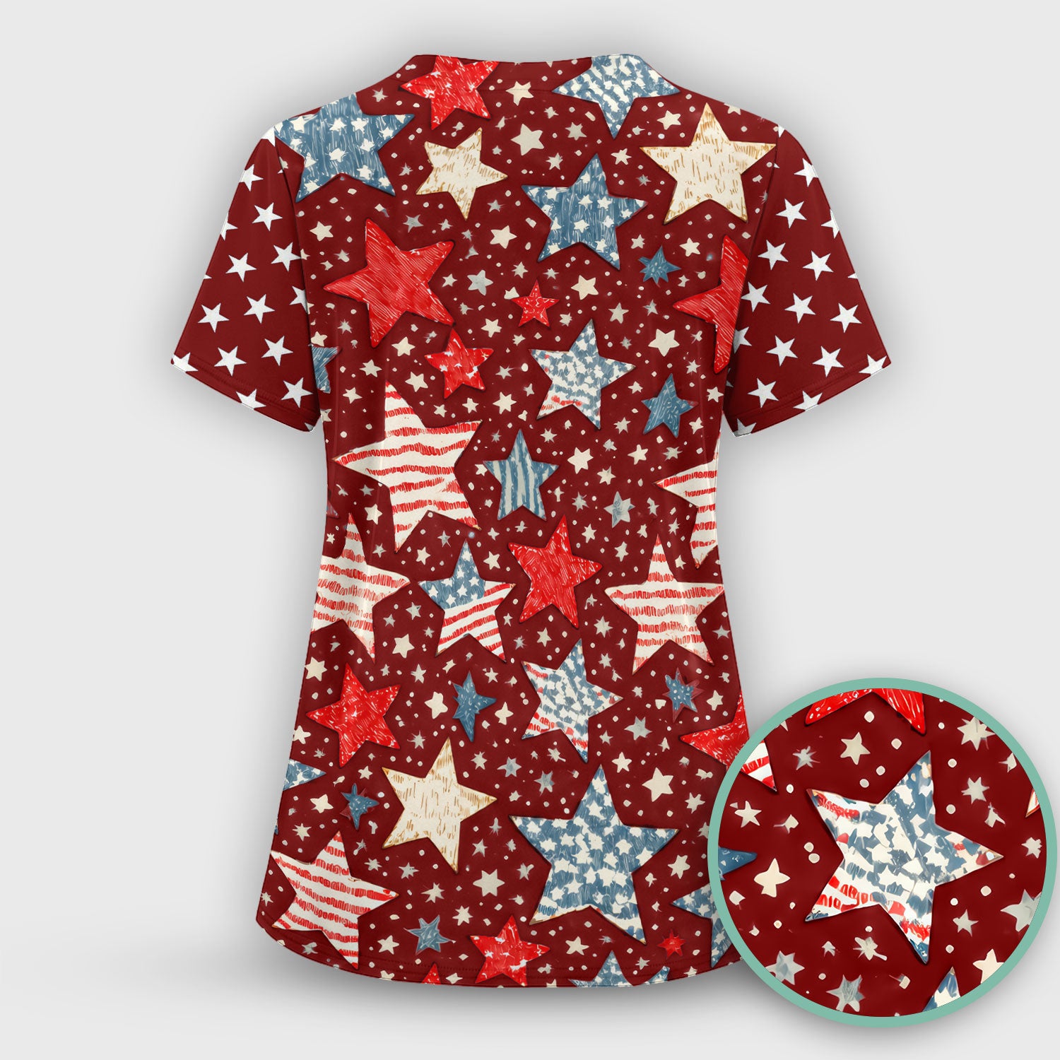 Patriotic Star Pattern Women's Scrub Set, Scrub Pants and V Neck Top